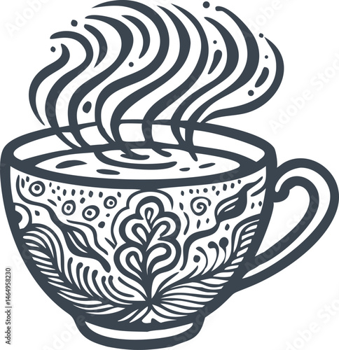 Engraved coffee cup with swirling steam forming floral or abstract patterns in vintage artisanal line art style

