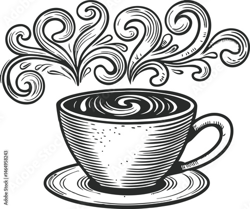 Engraved coffee cup with swirling steam forming floral or abstract patterns in vintage artisanal line art style

