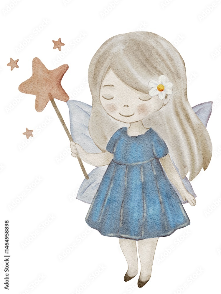 Fototapeta premium Delightful watercolor fairy holding a star wand in a charming design for fabrics and packaging