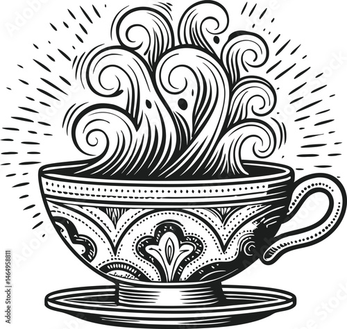 Engraved coffee cup with swirling steam forming floral or abstract patterns in vintage artisanal line art style

