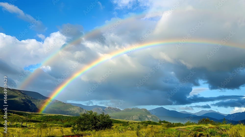 Rainbow After the Rain: A beautiful sky showcasing a vibrant rainbow arching over a landscape after a rain shower.
Rainbow After the Rain: A beautiful sky showcasing a vibrant rainbow arching over a landscape after a rain shower.