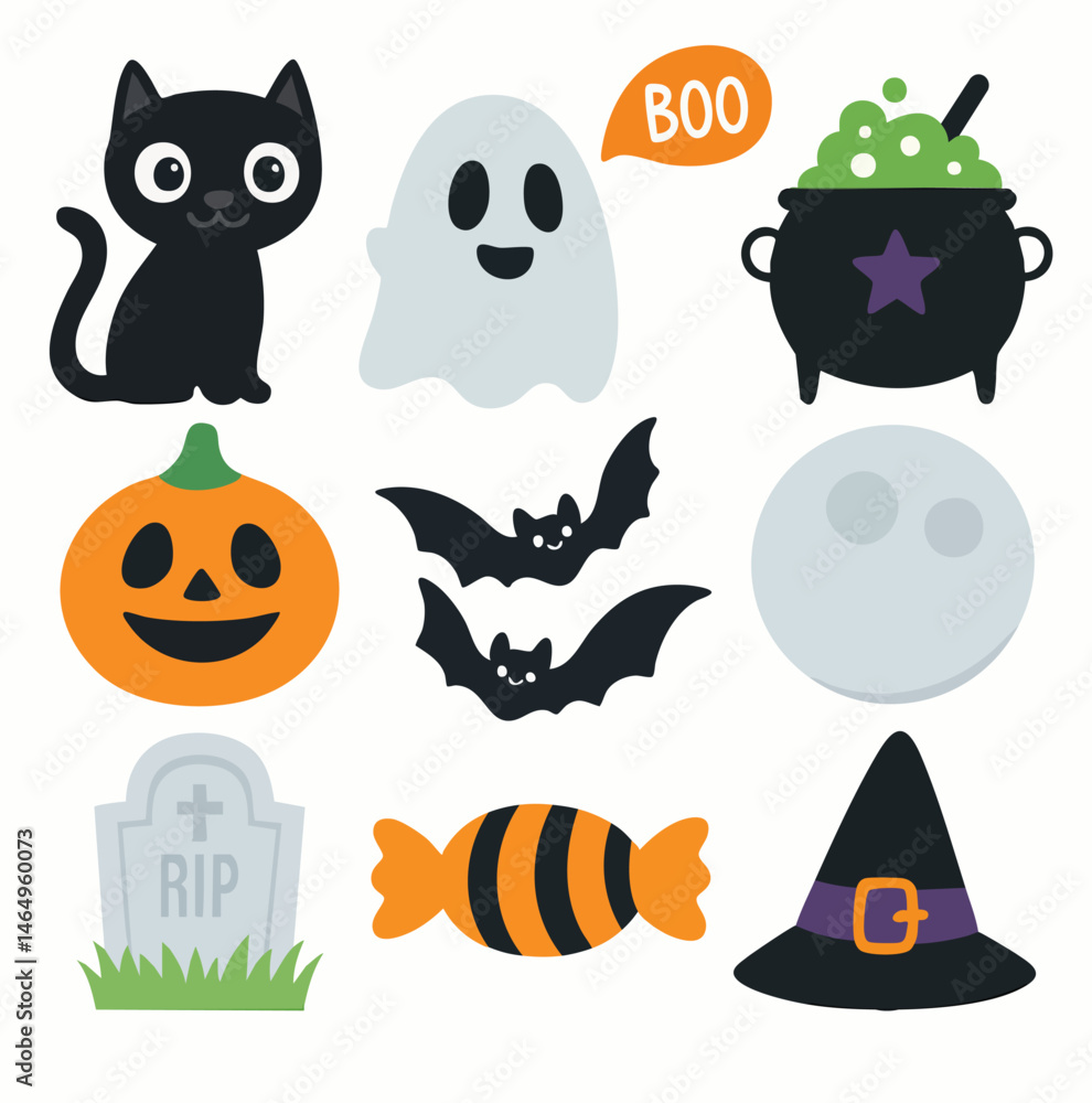 Fototapeta premium Cute Halloween icon set with pumpkins ghosts bats and spooky elements