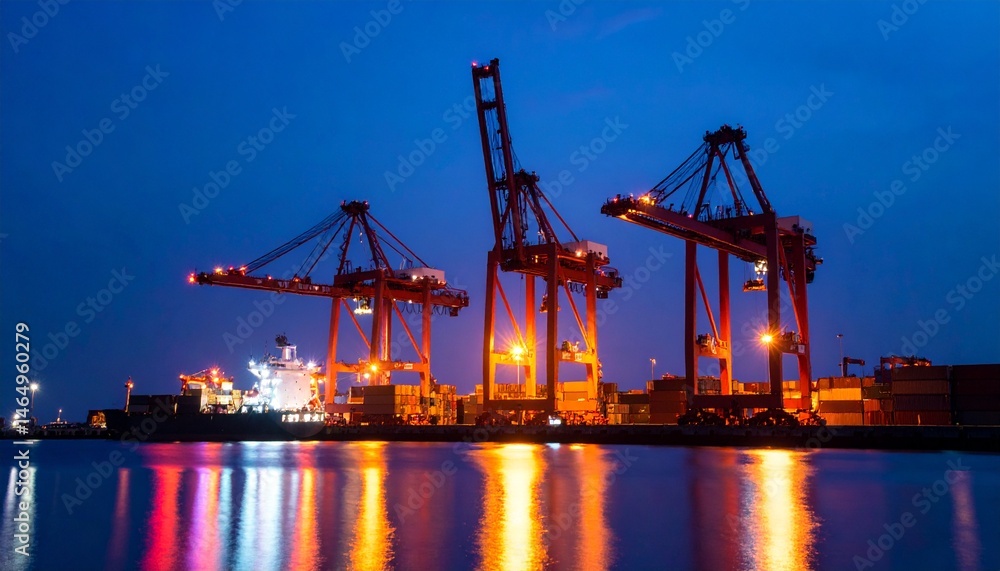 The harbor comes alive with illuminated cranes. The harbor comes alive with illuminated cranes.