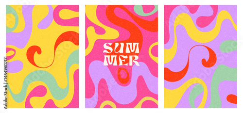 colourful summer waves set of vertical posters with grainy texture,  cover, background, web, wallpaper, decoration,  creative modern vector illustration