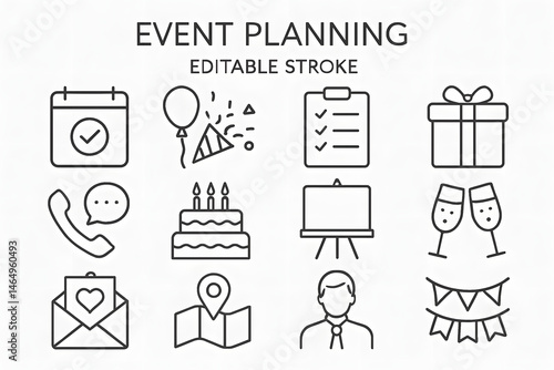 Event Planning: Comprehensive Icon Collection: An organized series of minimal, clean-line icons to symbolize the planning of an event. This visual ensemble of event essentials includes calendar.