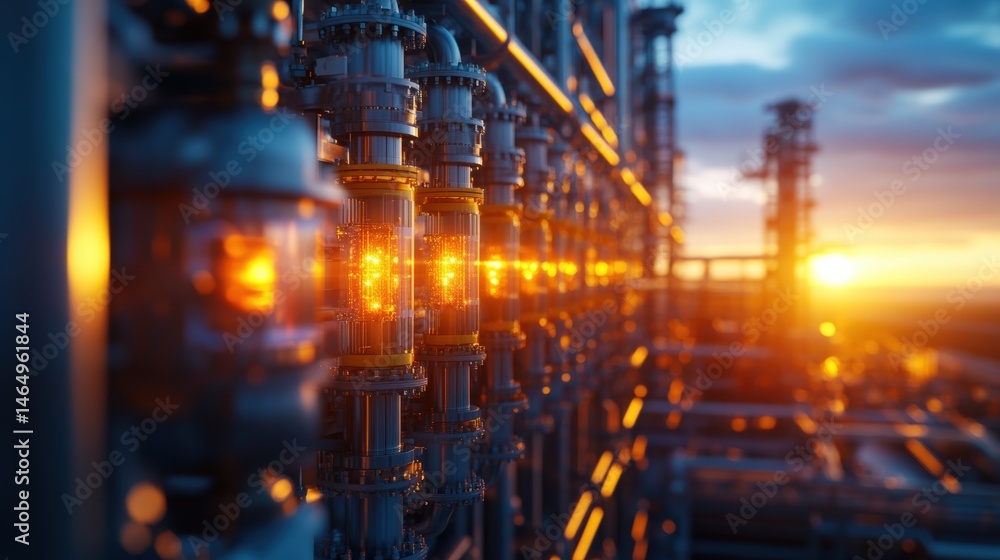 Detailed view of an industrial pipeline system at sunset showcasing complex piping, valves, and flow control equipment in a large factory setting Detailed view of an industrial pipeline system at sunset showcasing complex piping, valves, and flow control equipment in a large factory setting