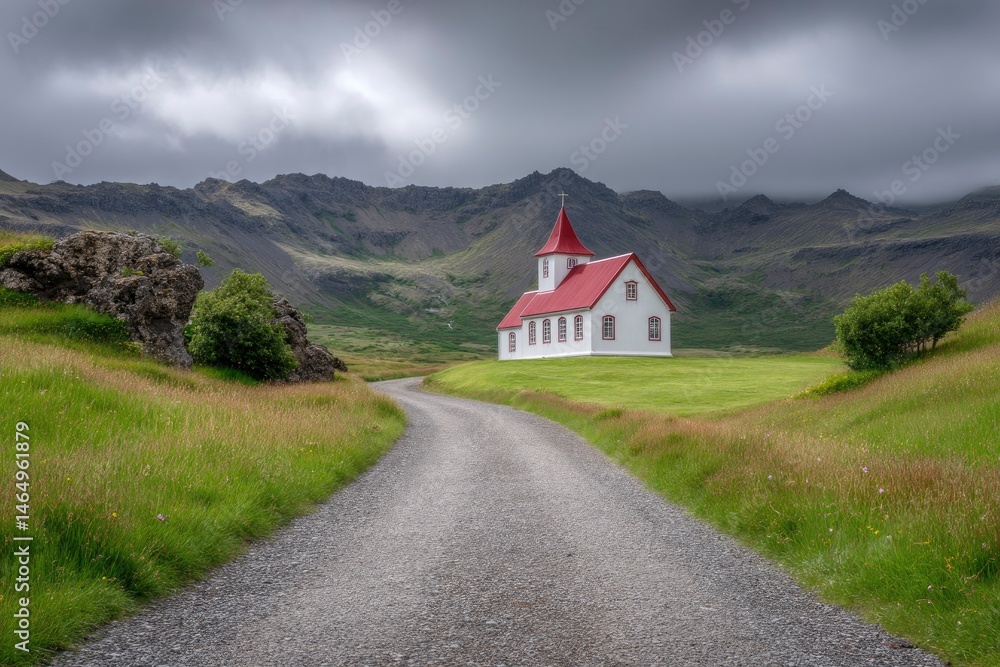 Serene Icelandic Church: A Rustic White Chapel Against Dramatic Mountains Serene Icelandic Church: A Rustic White Chapel Against Dramatic Mountains