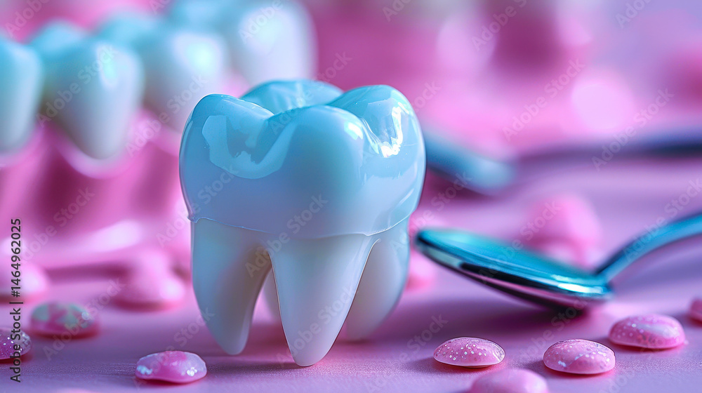 Close-Up of Dental Model Tooth Surrounded by Sugar Candies and Spoon on a Pink Background Emphasizing Oral Health and Tooth Decay Awareness
