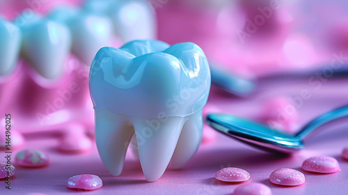 Obraz na płótnie Close-Up of Dental Model Tooth Surrounded by Sugar Candies and Spoon on a Pink Background Emphasizing Oral Health and Tooth Decay Awareness w salonie