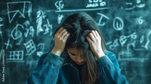 Distraught student struggles with overwhelming stress during an exam preparation session in a classroom environment