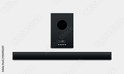 Black soundbar panel with subwoofer realistic vector illustration.