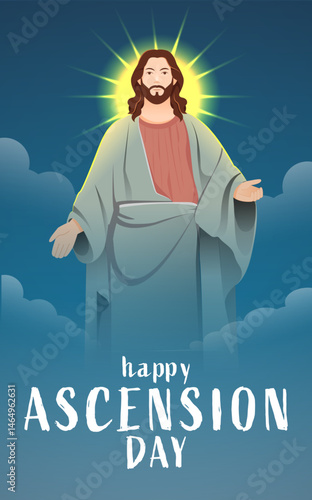 Happy Ascension Day Design with Jesus Christ in Heaven Vector Illustration. Illustration of resurrection Jesus Christ. Sacrifice of Messiah for humanity redemption.