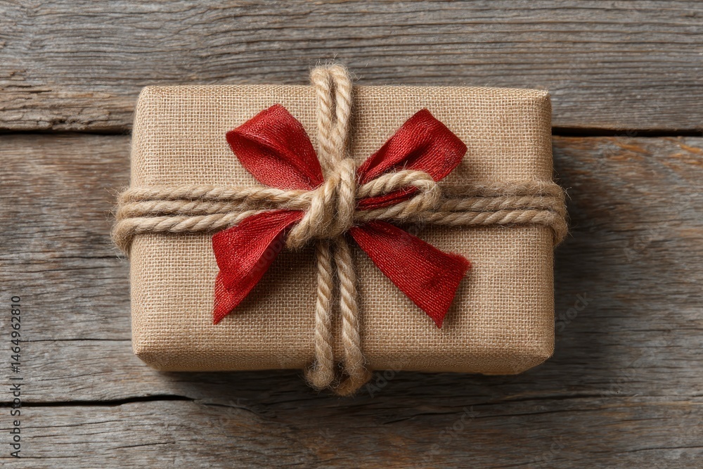 Fototapeta premium Rustic Gift Wrapped in Burlap with Red Bow