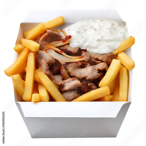 A delicious takeaway box with kebab meat, fries and white sauce. The meat is sliced and cooked, and the fries are golden brown and crispy.