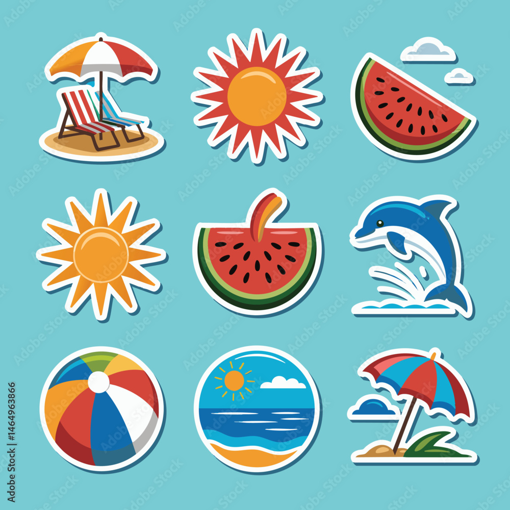 Naklejka premium This set of nine cheerful, flat design stickers depicts popular summer vacation elements