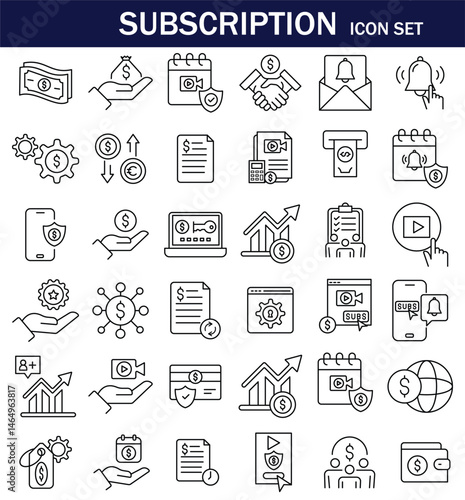 Subscription icon set. 36 editable stroke vector graphic elements, Subscription Plan Business, Newsletter, Newspaper,  Notification Icon, Letter, Mail, Message, illustration. EPS 10.