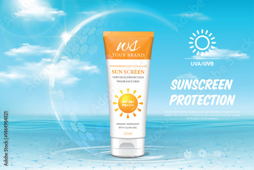 Summer sunscreen cream ad banner. Banner with tubes and bottle of sunscreen cream in sphere shield under sun rays. Concept of protection from UV radiation. 3d vector illustration of sunblock product.