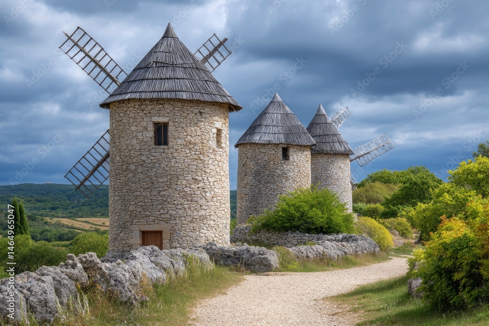Stone Windmills under a Dramatic Sky: Rustic Charm in Provence Stone Windmills under a Dramatic Sky: Rustic Charm in Provence