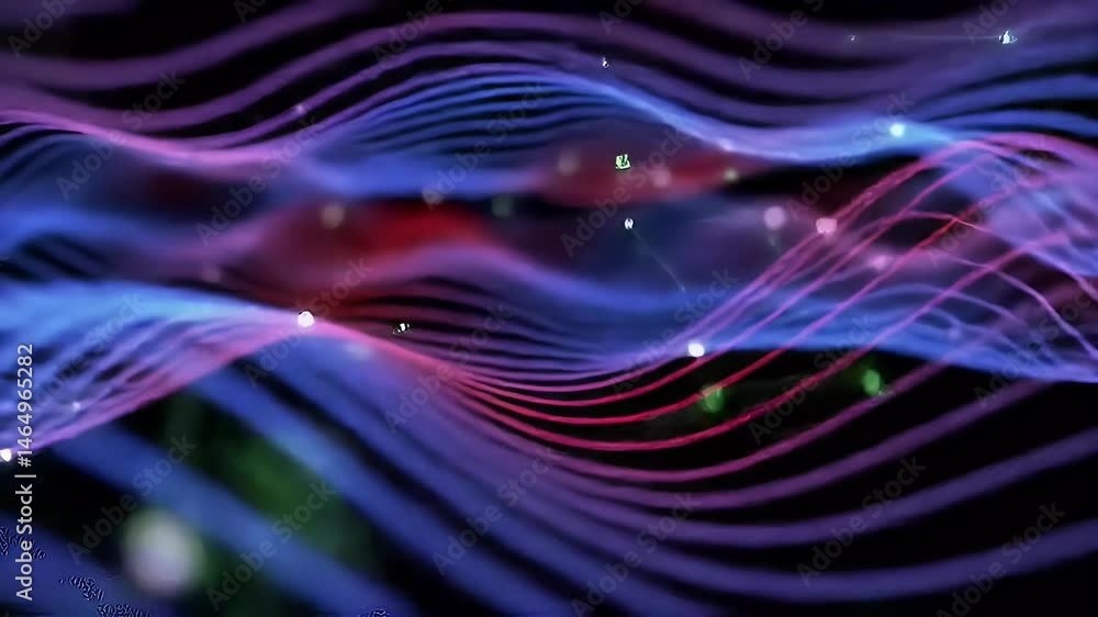 Abstract Digital Wave Animation in Blue and Red Tones on Black Background with Glowing Particles Abstract Digital Wave Animation in Blue and Red Tones on Black Background with Glowing Particles