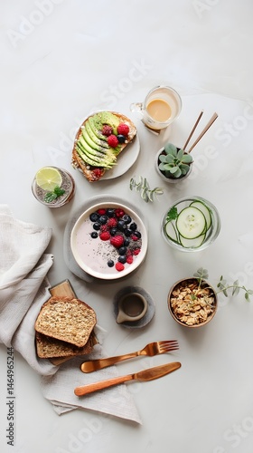Healthy Breakfast Flat Lay: Yogurt, Granola, Toast, Avocado