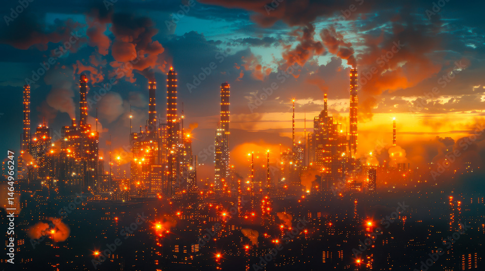 Illuminated Industrial Cityscape at Sunset with Heavy Smoke Emissions, Concept of Pollution and Industrialization