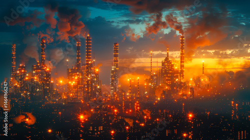 Illuminated Industrial Cityscape at Sunset with Heavy Smoke Emissions, Concept of Pollution and Industrialization