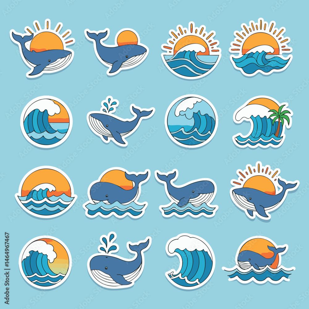 A set of twelve cartoon whale and ocean wave stickers, perfect for summer-themed designs A set of twelve cartoon whale and ocean wave stickers, perfect for summer-themed designs