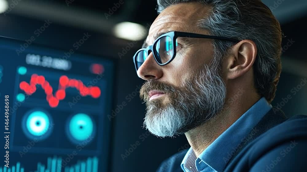 A middle-aged man with a beard and glasses looks thoughtfully at a computer screen displaying data graphs. The background is dark, highlighting the man's contemplative expression A middle-aged man with a beard and glasses looks thoughtfully at a computer screen displaying data graphs. The background is dark, highlighting the man's contemplative expression