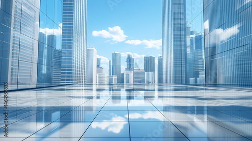 Modern office building interior with reflections in glass  