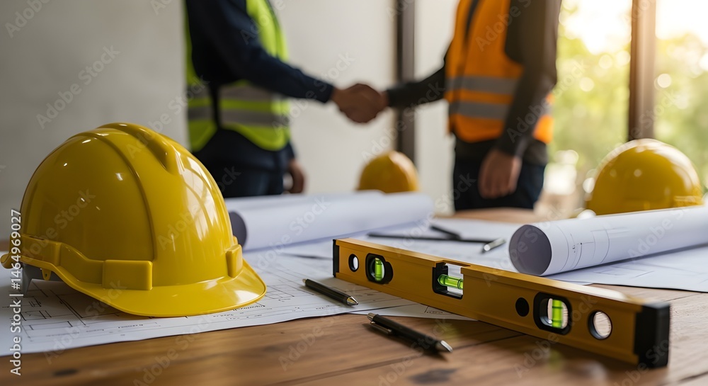 Fototapeta premium Casco de seguridad amarillo en el escritorio del lugar de trabajo con un equipo de trabajadores de la construcción dándose la mano para saludar el plan de inicio del nuevo contrato del proyecto en el