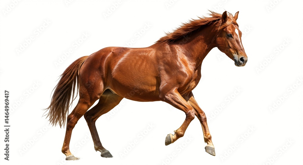 Obraz premium A majestic chestnut horse with a flowing mane and tail is captured in mid-gallop against a clean white background.