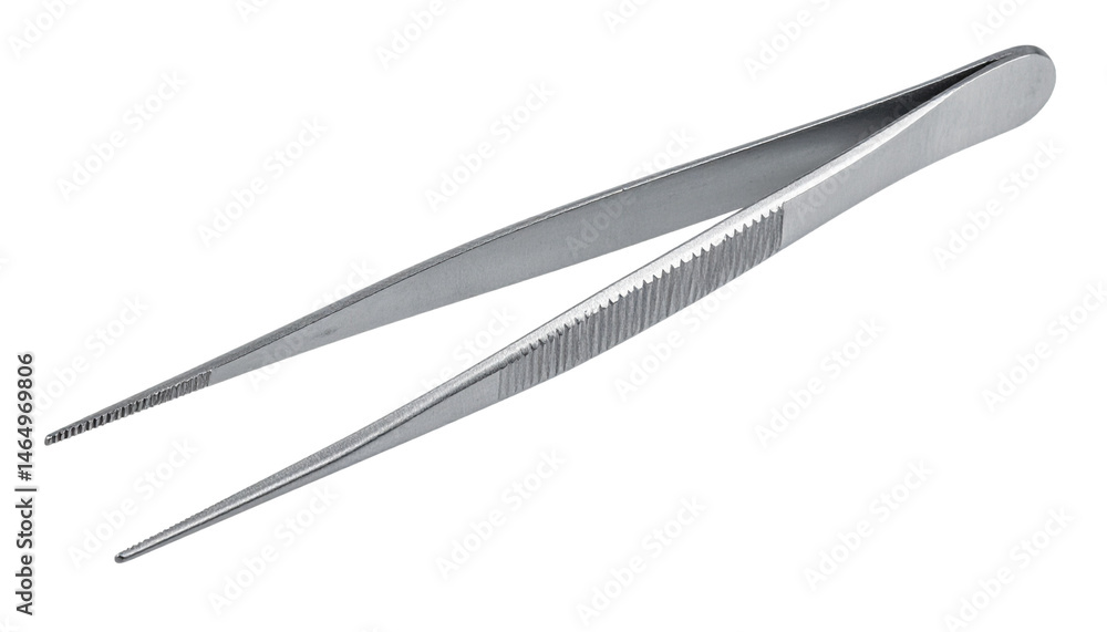 A pair of metallic tweezers with a precision tip and textured grip. A pair of metallic tweezers with a precision tip and textured grip.