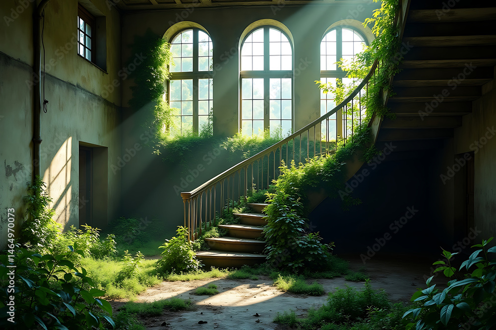 Obraz premium Abandoned interior scene featuring a spiral staircase and overgrown greenery sunlight filters through
