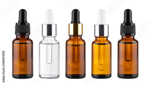 Five glass dropper bottles with various colored caps and pipettes arranged in a row.