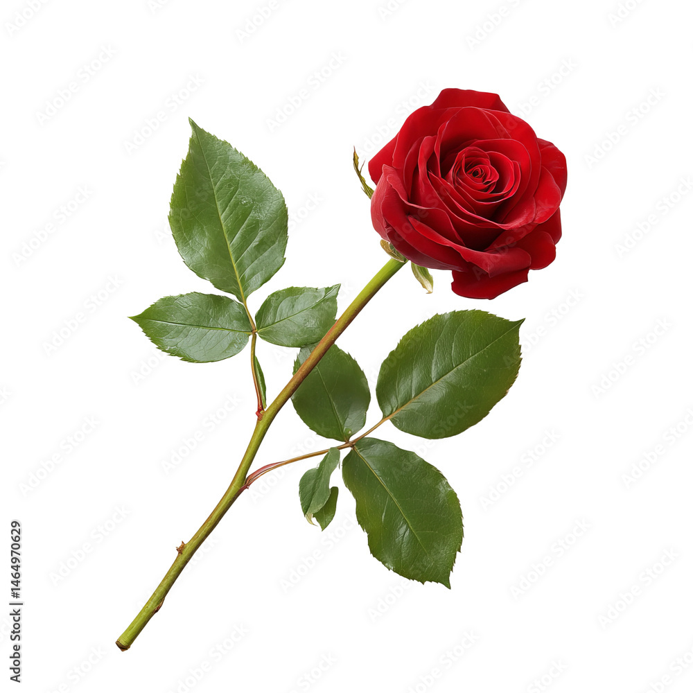 Obraz premium A vibrant red rose with green leaves, perfect symbol of love and affection
