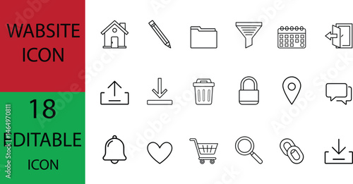 Set of 18 Editable Website Interface Icons in Minimal Line Style. Includes Home, Lock, Cart, Calendar, Download, and Chat Symbols. Ideal for  Web, App, and Digital Media Design.
