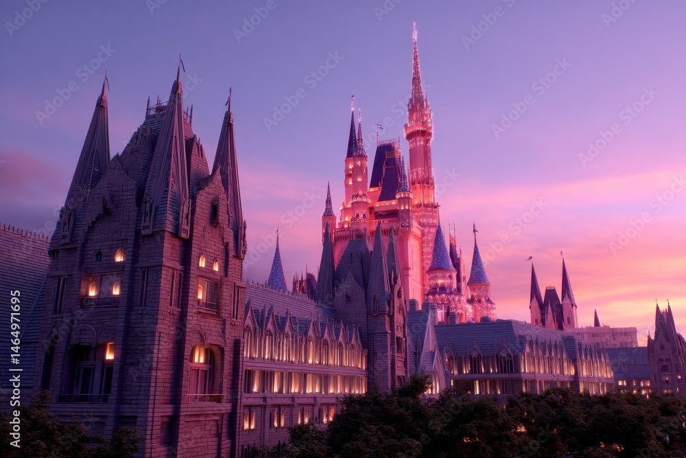 Fototapeta premium Illuminated gothic castle at twilight with warm pink and purple sky