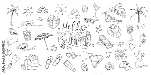 Summer doodle set with beach elements, cocktails, palm trees, swimsuits, rainbows, and fun lettering. Perfect for posters, stickers, prints, and seasonal designs.