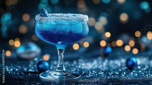 Blue curaçao midnight cocktail in frosted coupe glass with silver glitter for a festive drink