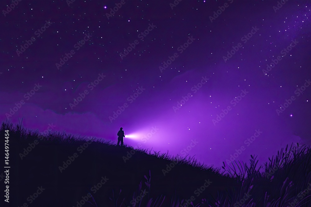 Silhouette figure with flashlight under a purple night sky Silhouette figure with flashlight under a purple night sky