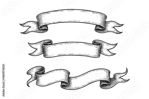 vintage ribbon set woodcut engraving vector illustration
