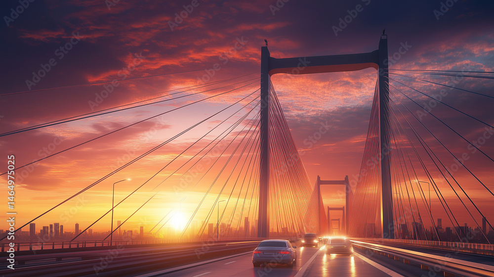 Obraz premium Iconic suspension bridge at sunset with dramatic clouds 