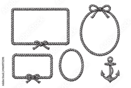 rope frame set woodcut engraving vector illustration
