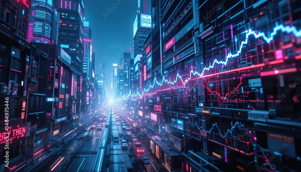 Fototapeta premium Futuristic Cityscape with Neon Lights and Stock Market Data Over