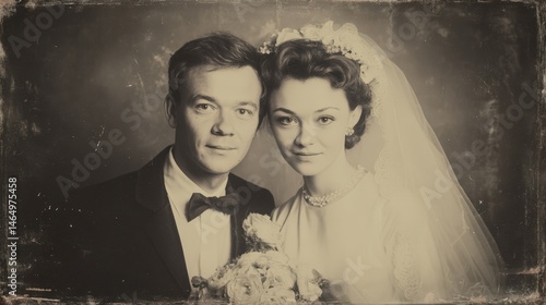 Vintage Wedding Photo Bride and Groom Posing Together in Sepia Tone A Classic Black and White Image with a Romantic Feel
