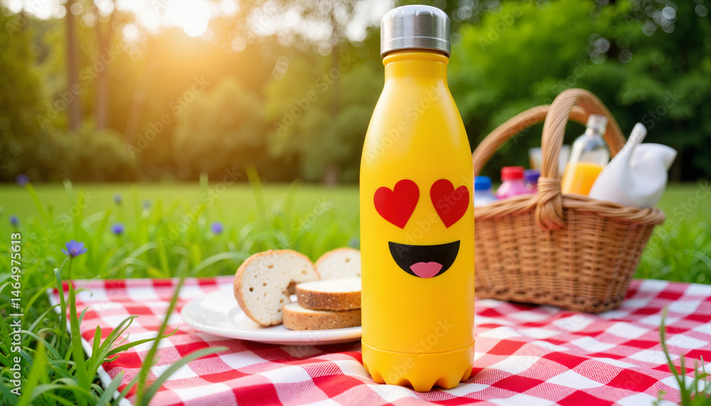 Fototapeta premium Cheerful emoji water bottle on picnic blanket, summer joy