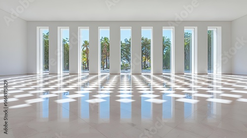 Bright Interior Space with Large Windows Casting Geometric Shadows