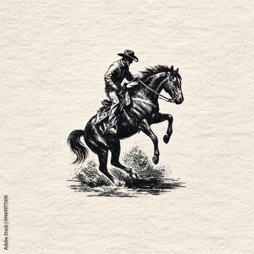 Cowboy on a Rearing Horse - Vintage Style Ink Drawing on Textured Paper, Showing the Wild West Spirit.