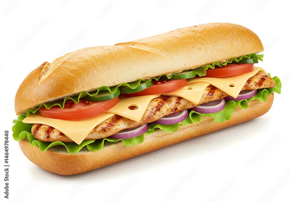 A long sandwich with grilled chicken cheese tomatoes lettuce and red onions on a white background A long sandwich with grilled chicken cheese tomatoes lettuce and red onions on a white background