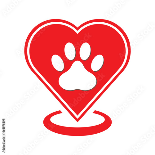 Pet paw in a heart shaped as a location symbol on white background